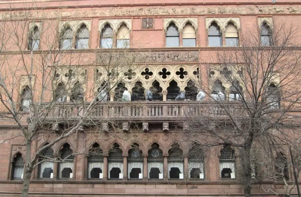 Ornate brick and terra cotta facade of the Montauk Club in Park Slope, Brooklyn