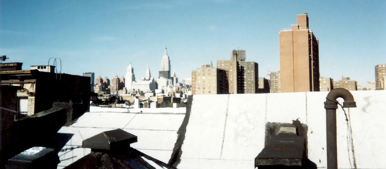 Flat tar roof with vent stacks and a brick chimney, with the Manhattan skyline behind